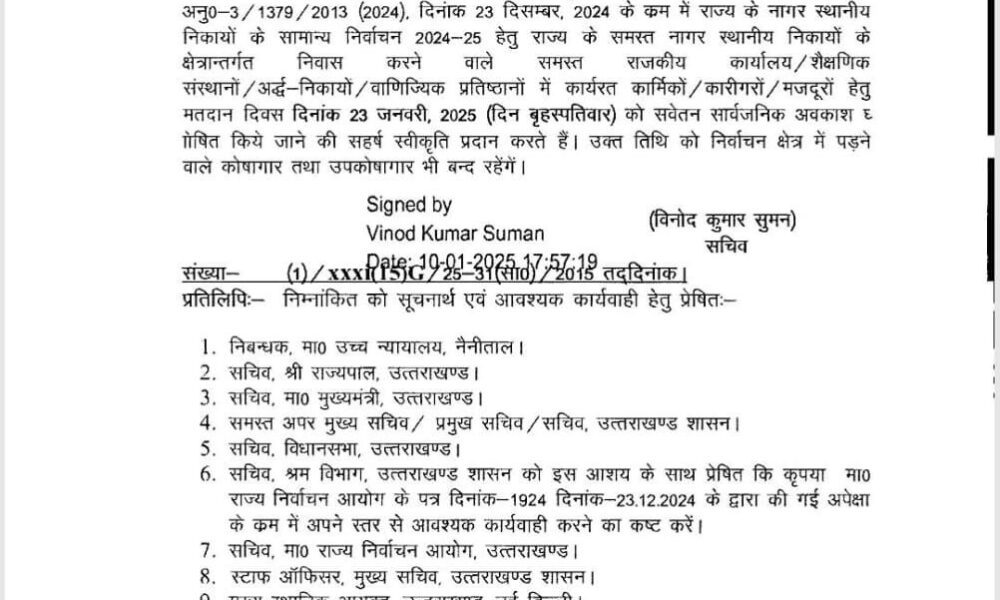 निकाय चुनाव के मद्देनजर 23 जनवरी को उत्तराखंड में सार्वजनिक अवकाश घोषित, आदेश जारी…