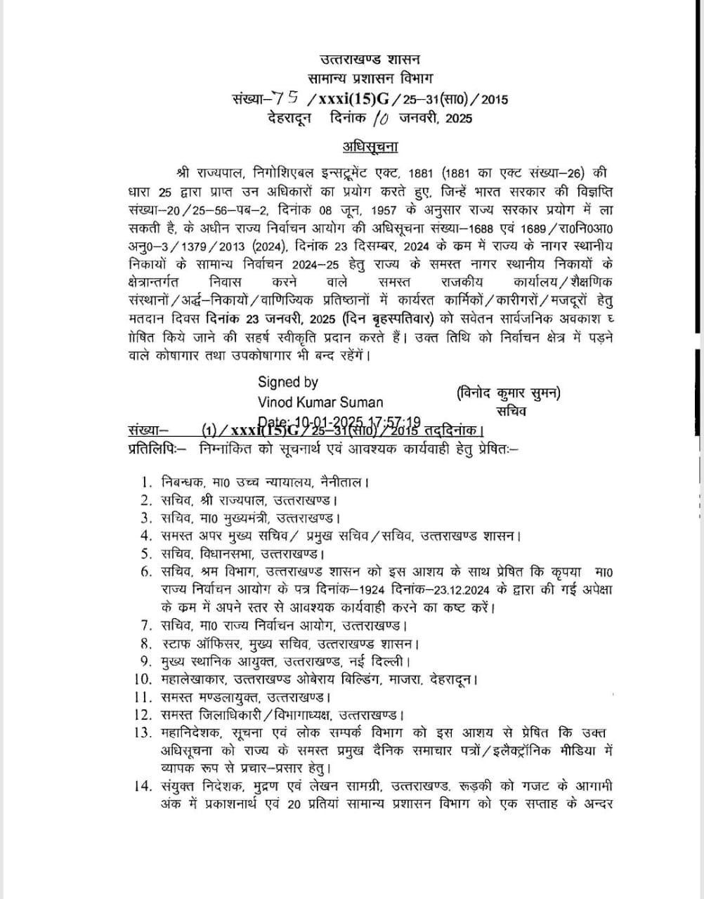 निकाय चुनाव के मद्देनजर 23 जनवरी को उत्तराखंड में सार्वजनिक अवकाश घोषित, आदेश जारी… निकाय चुनाव के मद्देनजर 23 जनवरी को उत्तराखंड में सार्वजनिक अवकाश घोषित, आदेश जारी…