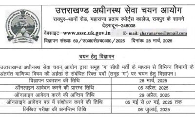 उत्तराखंड में सरकारी नौकरी का मौका , UKSSSC ने जारी की भर्ती अधिसूचना…..