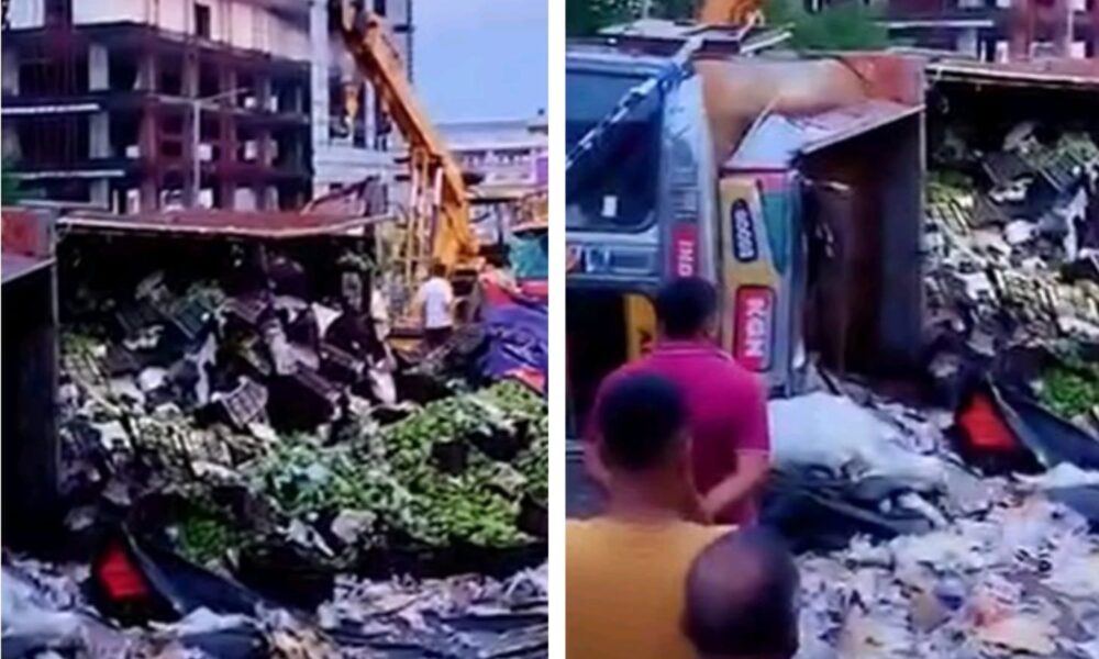 आम का ट्रक पलटा, रिस्पना पुल पर अफरा-तफरी