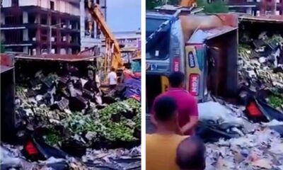 आम का ट्रक पलटा, रिस्पना पुल पर अफरा-तफरी