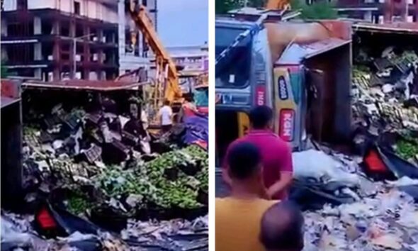 आम का ट्रक पलटा, रिस्पना पुल पर अफरा-तफरी