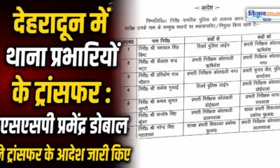 देहरादून में  थाना प्रभारियों के ट्रांसफर :एसएसपी प्रमेंद्र डोबाल ने ट्रांसफर के आदेश जारी किए